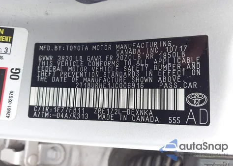 2018 Toyota Corolla L/Le/Xle/Se/Xse z USA, uszkodzony, nr VIN 2T1BURHE1JC006916